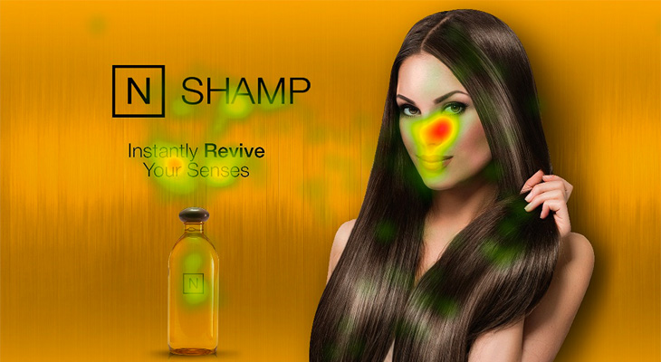 Shampoo ad, beautiful woman eye tracking